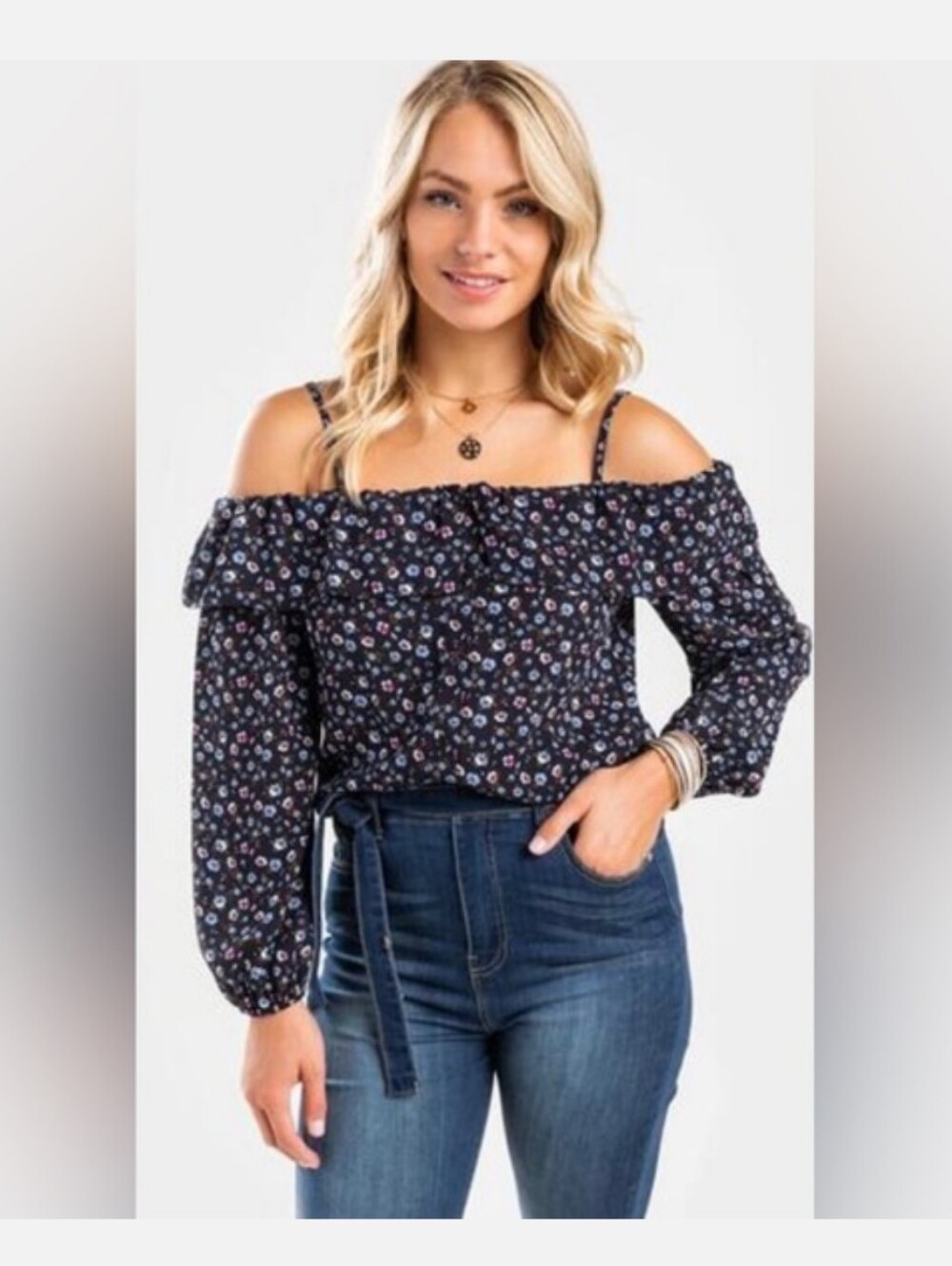 mi ami Navy Floral Off-Shoulder Ruffle Blouse